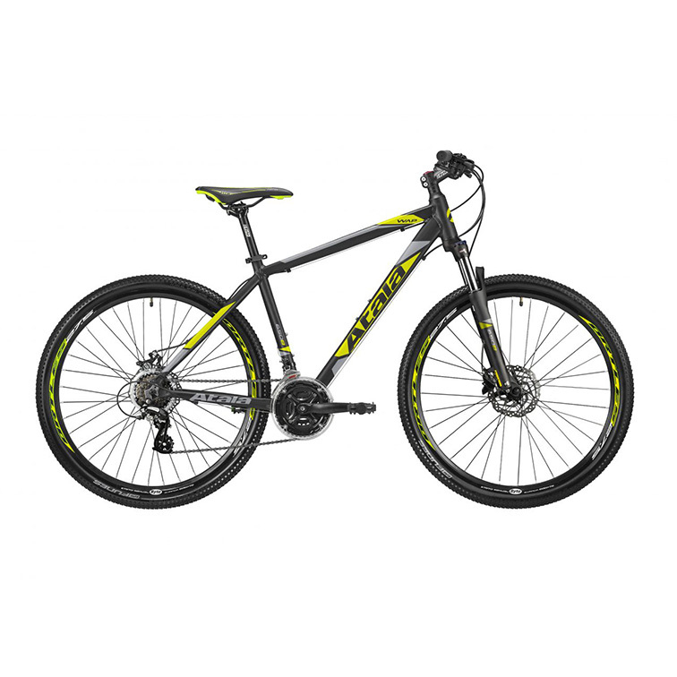 MTB Atala modello WAP 27,5″ 24V HD. Nero/Giallo fluo opaco. Cambio Shimano Altus a 8 velocità. Guarnitura Alluminio tripla. Freni a disco idraulici Shimano. Forcella alluminio bloccabile. Telaio Alu 27,5, sterzo Integrato.